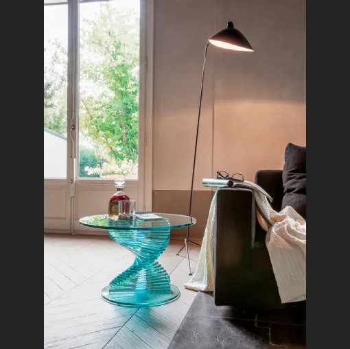 Tavolino in vetro Ariel con base a spirale di Tonin Casa