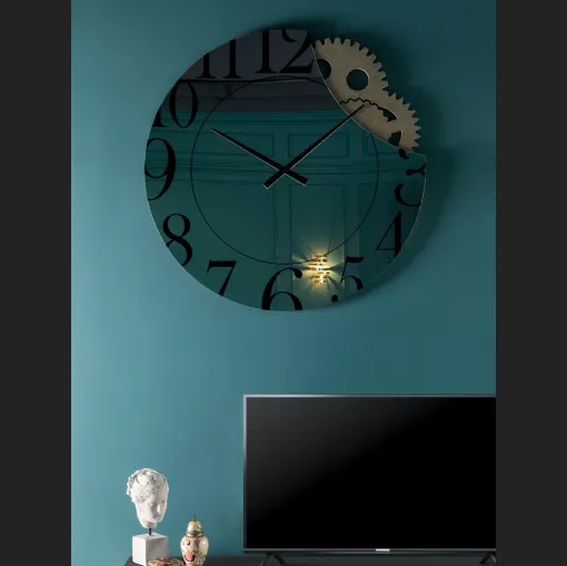 Orologio Memphis in vetro serigrafato specchiato con ingranaggi di Tonin Casa
