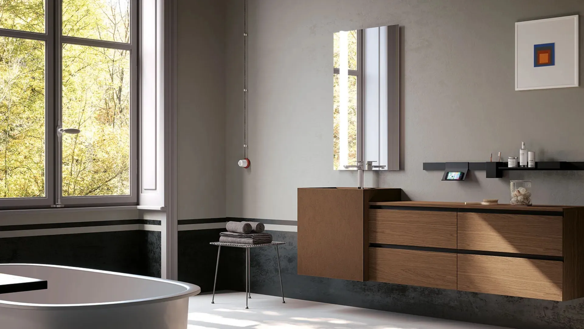 Mobile da Bagno sospeso finitura impiallacciato Rovere Fiammato Castagna Linea 08 di Archeda