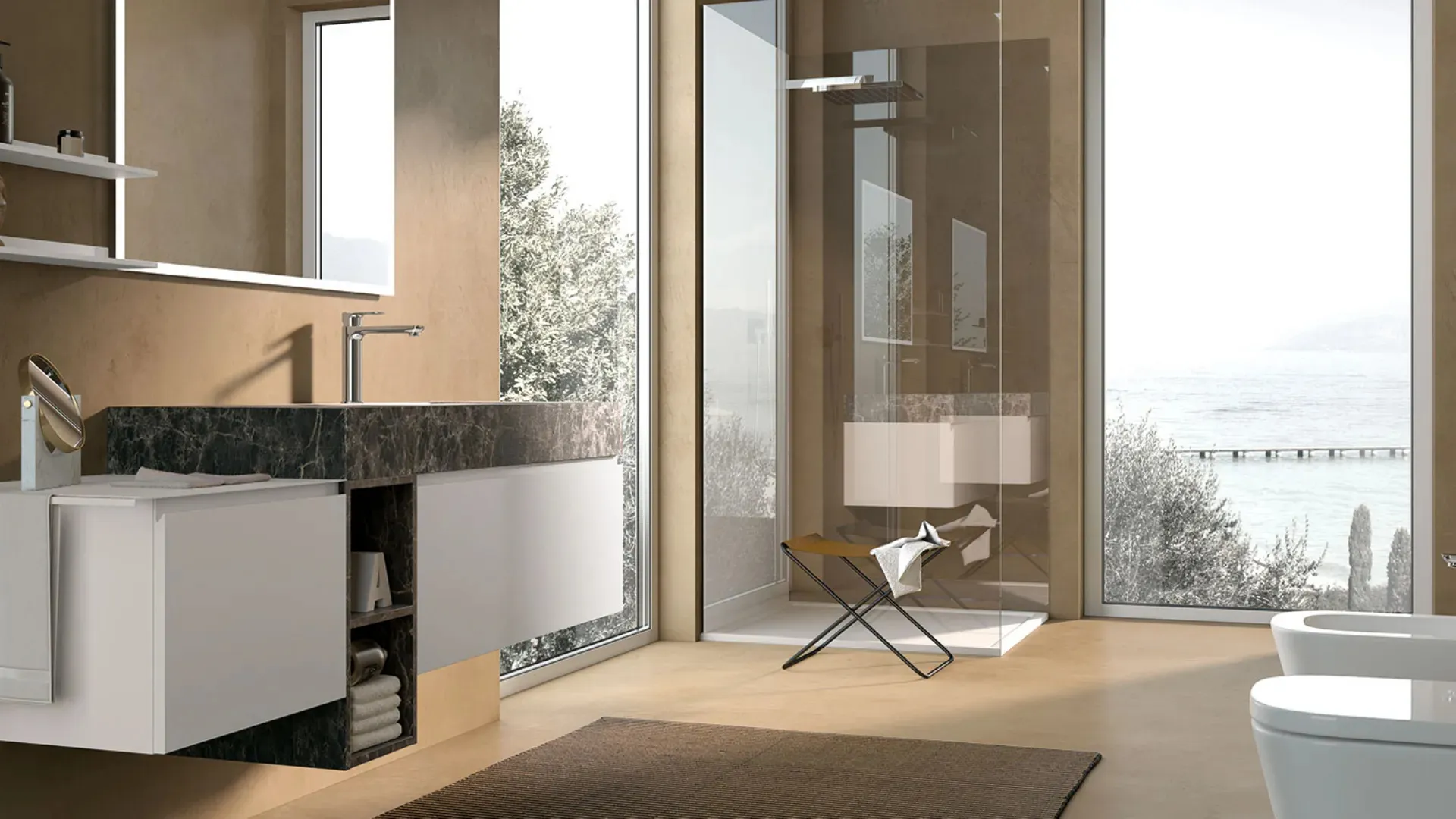 Mobile da Bagno sospeso laccato Bianco con top in HPL Gola 12 di Archeda