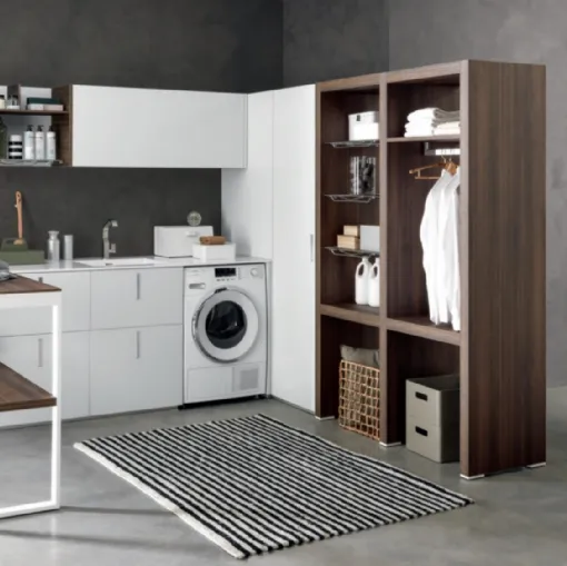 Mobile da Lavanderia Laundry System C06 in lacccato bianco opaco e laminato Eucalipto di Baxar