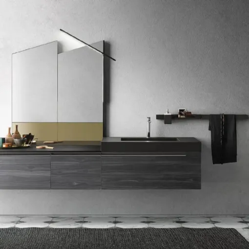 Mobile da Bagno sospeso Side 06 in melaminico e top in fenix nero con vasca integrata di Archeda