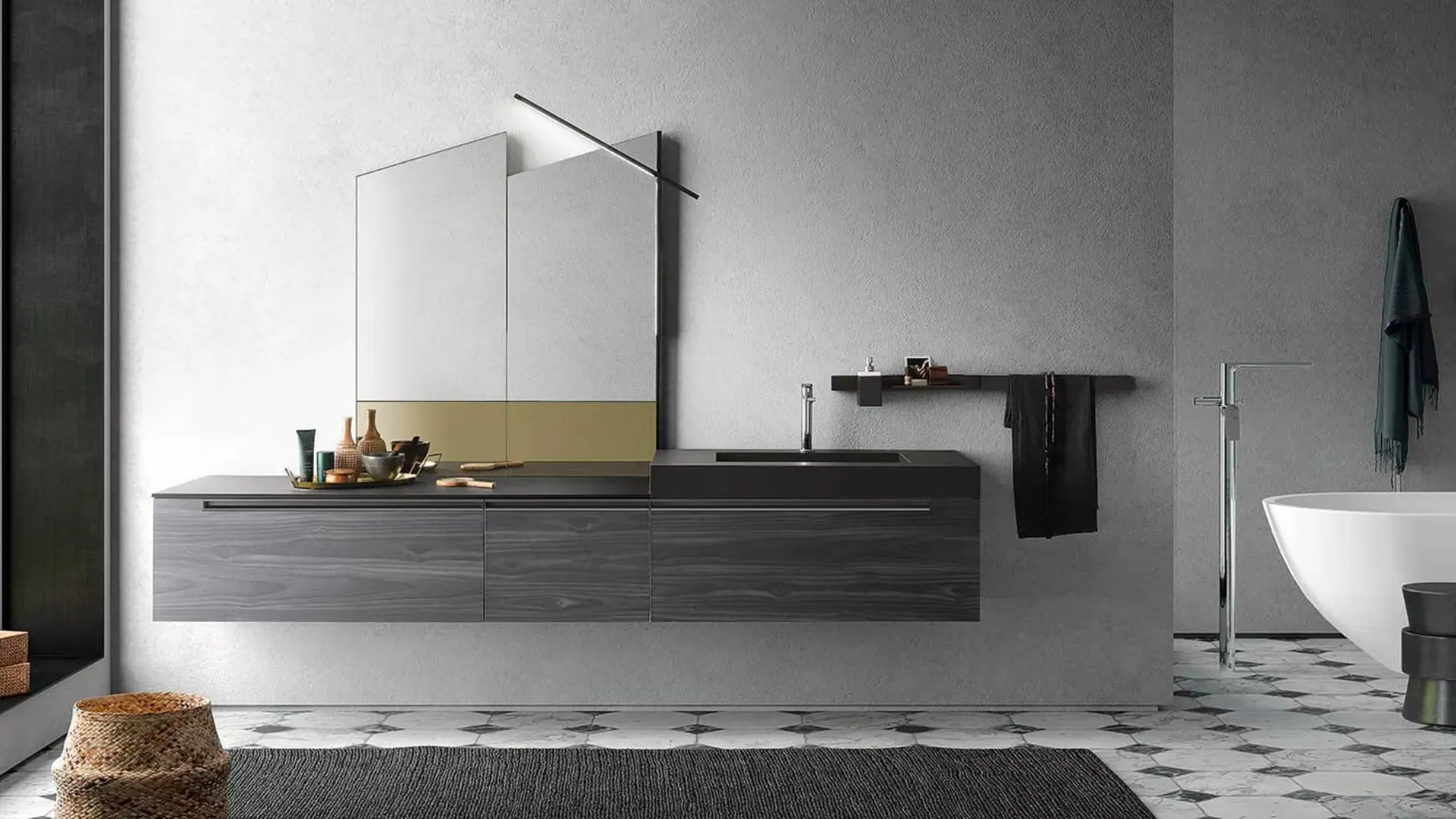 Mobile da Bagno sospeso Side 06 in melaminico e top in fenix nero con vasca integrata di Archeda