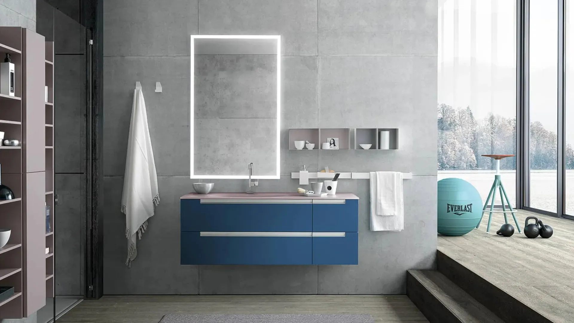 Mobile da Bagno sospeso Side 08 in laccato e top in vetro acidato con vasca integrata di Archeda