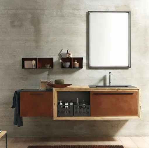 Mobile da Bagno sospeso in laccato metallo Corten e Abete Wood 04 di Archeda