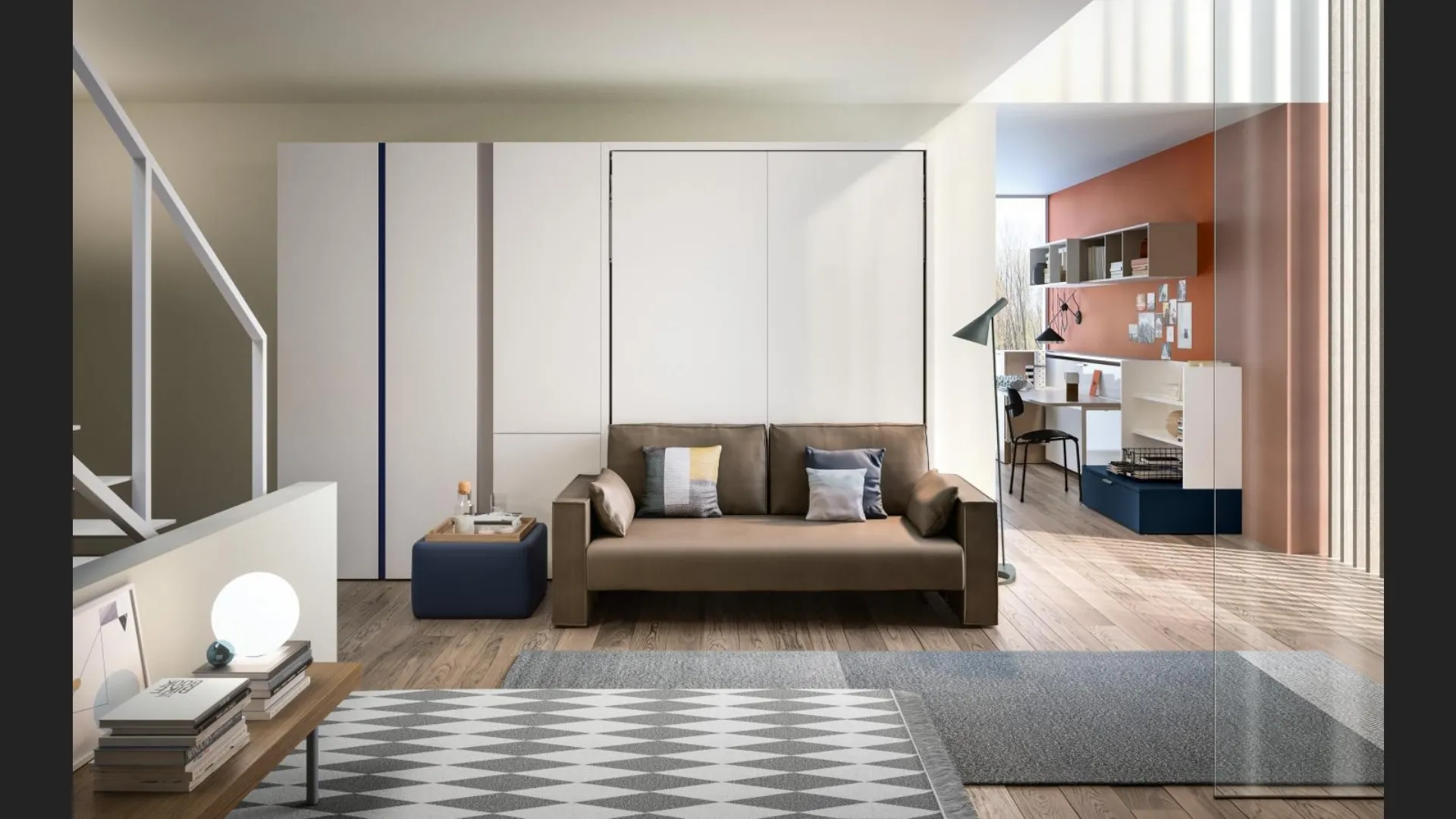 Letto a scomparsa trasformabile Living 13 chiuso con divano integrato lineare Penelope 2 Sofa di Clei