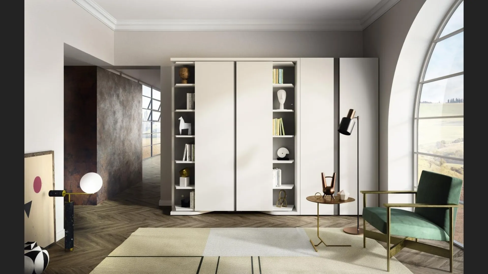 Letto a scomparsa trasformabile chiuso Living 18 LGM con armadio libreria in laccato opaco di Clei