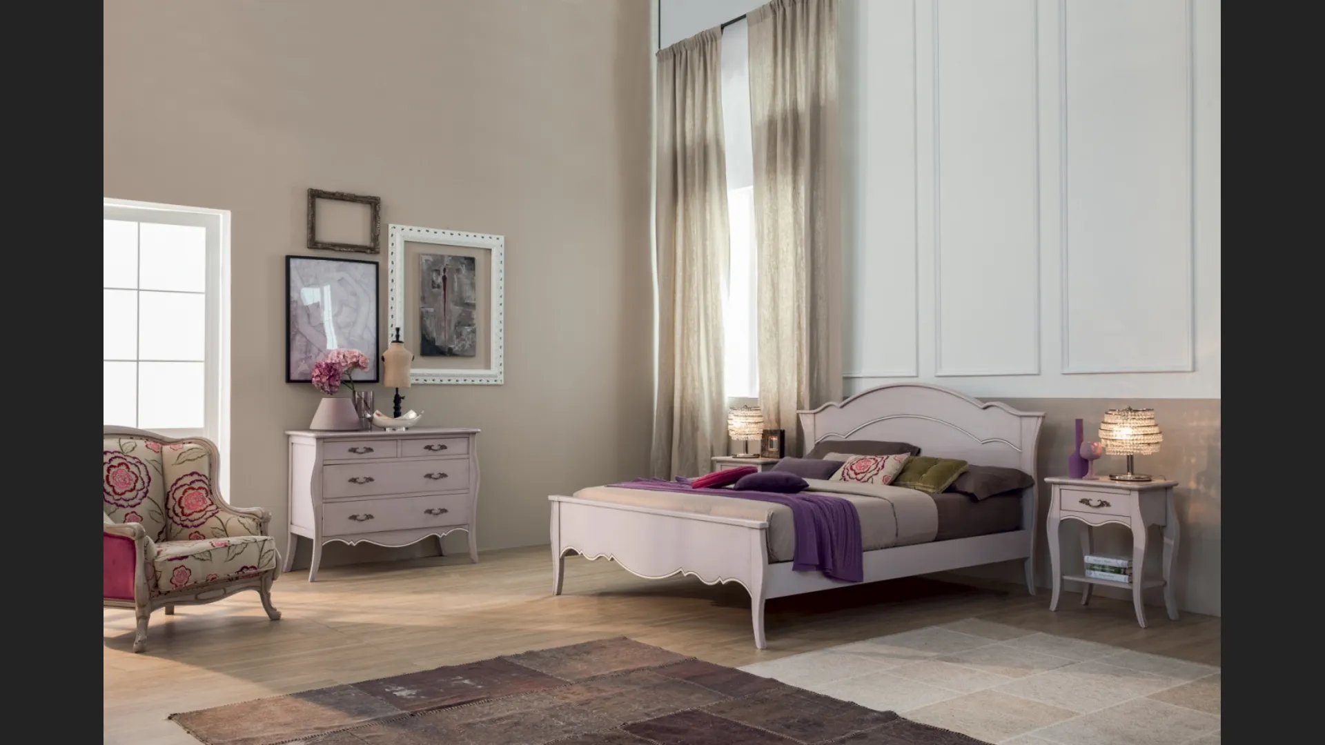 Letto in legno laccato lilla con decori lineari Sandy di Tonin Casa 