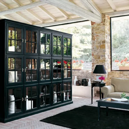 Libreria a muro Valeria in legno laccato con ante in vetro e legno di Tonin Casa