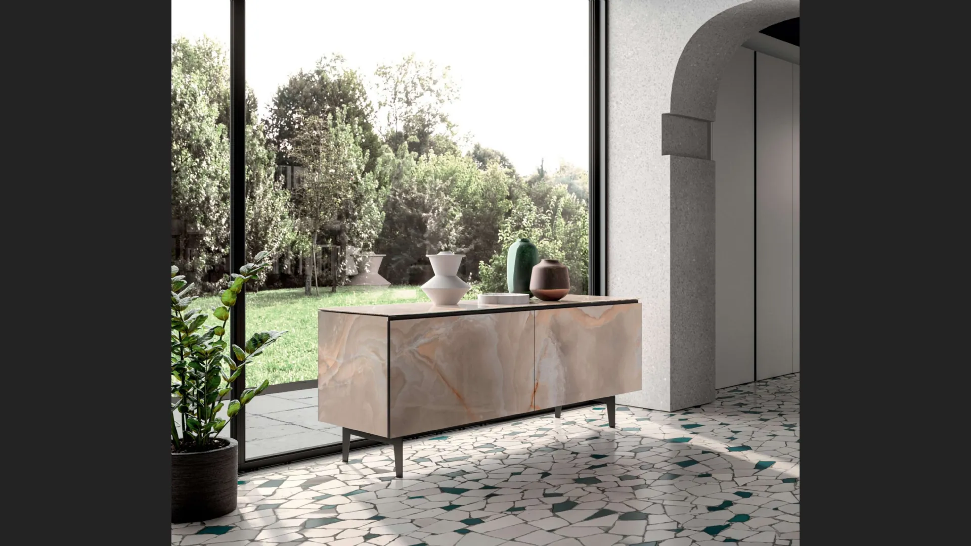 Madia moderna Plana in marble glass Onice lucido di Ozzio