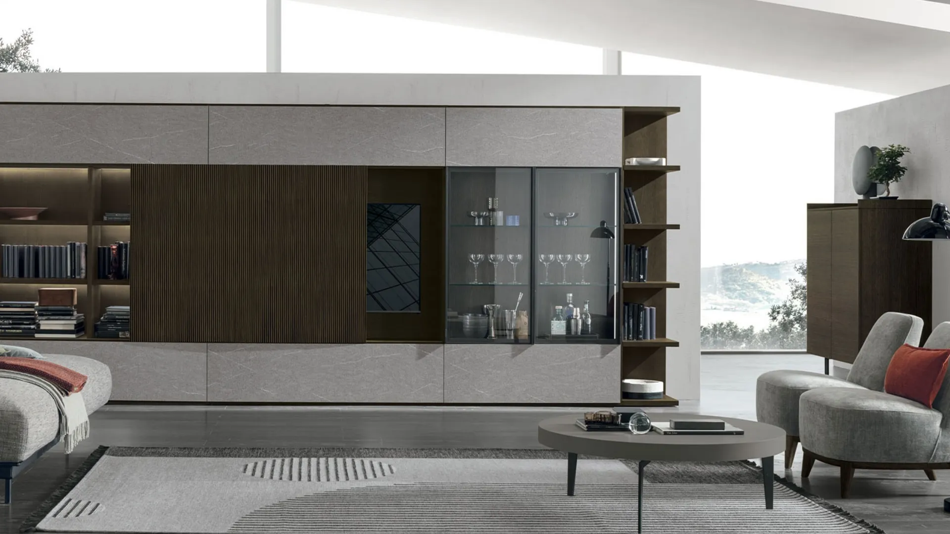 Parete Attrezzata Atlante UNIT AT211 in materico rovere moka, legno rovere moka canettè e materico piasentina scuro di Tomasella