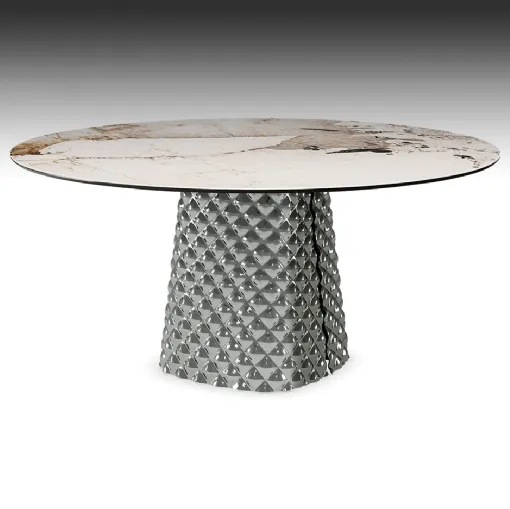 Tavolo con base in cristallo specchiato e piano in ceramica effetto marmo Atrium Keramik Round di Cattelan Italia